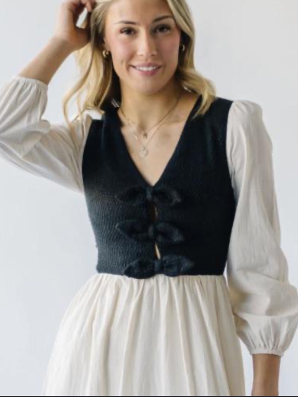 Piper and Scoot Raeann Cream Midi Dress with Bow Vest Detail and a Ruffle Hem